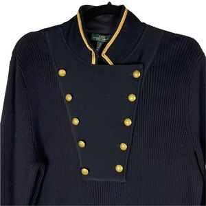LAUREN RALPH LAUREN MILITARY STYLE DOUBLE BREASTED BIB FRONT KNIT SWEATER DRESS